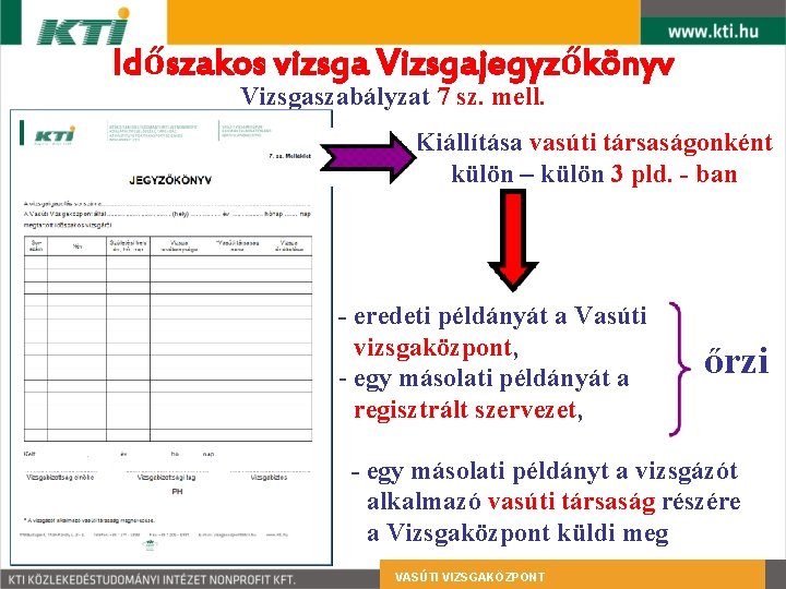 Időszakos vizsga Vizsgajegyzőkönyv Vizsgaszabályzat 7 sz. mell. Kiállítása vasúti társaságonként külön – külön 3