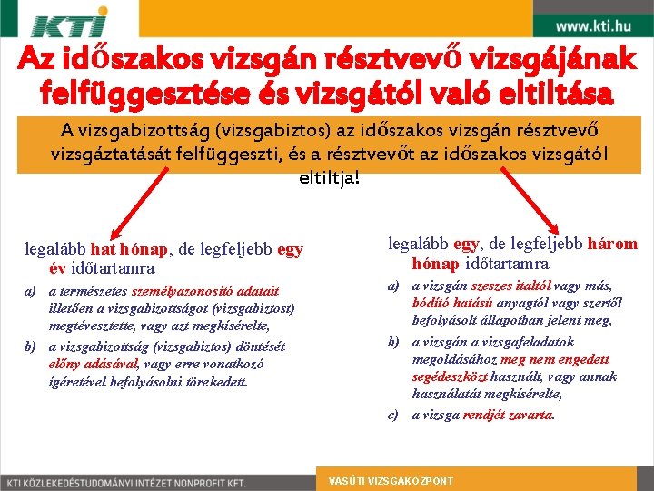 Az időszakos vizsgán résztvevő vizsgájának felfüggesztése és vizsgától való eltiltása A vizsgabizottság (vizsgabiztos) az