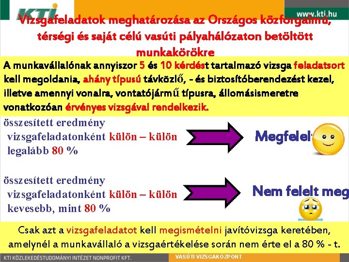 Vizsgafeladatok meghatározása az Országos közforgalmú, térségi és saját célú vasúti pályahálózaton betöltött munkakörökre A