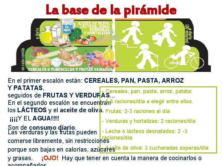 La base de la pirámide En el primer escalón están: CEREALES, PAN, PASTA, ARROZ