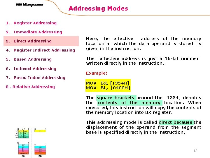 8086 Microprocessor Addressing Modes 1. Register Addressing 2. Immediate Addressing 3. Direct Addressing 4.