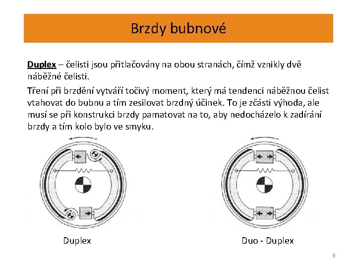 Brzdy bubnové Duplex – čelisti jsou přitlačovány na obou stranách, čímž vznikly dvě náběžné