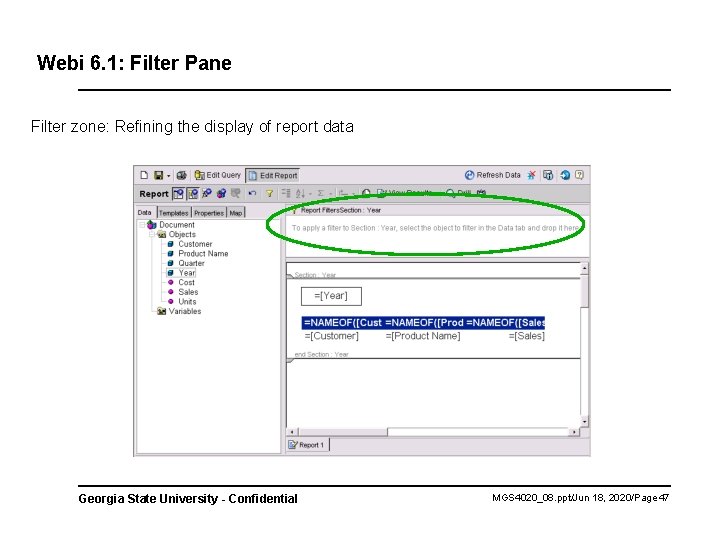 Webi 6. 1: Filter Pane Filter zone: Refining the display of report data Georgia