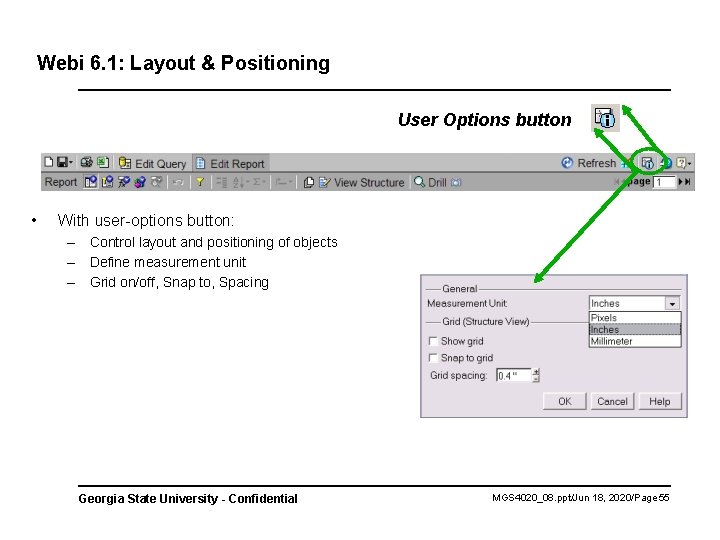 Webi 6. 1: Layout & Positioning User Options button • With user-options button: –