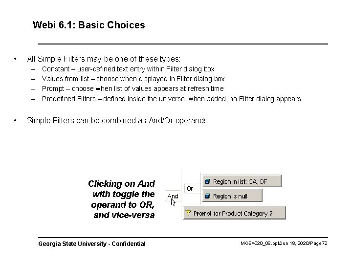 Webi 6. 1: Basic Choices • All Simple Filters may be one of these