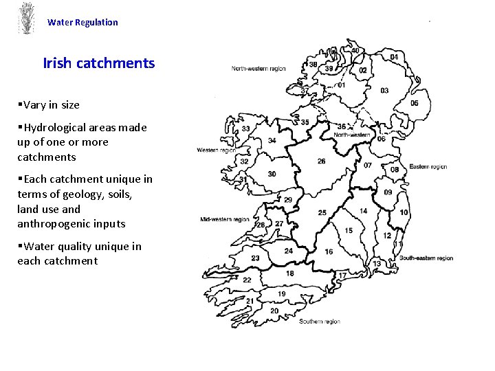 Water Regulation Irish catchments §Vary in size §Hydrological areas made up of one or