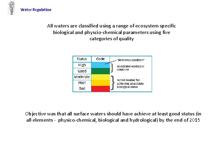 Water Regulation All waters are classified using a range of ecosystem specific biological and