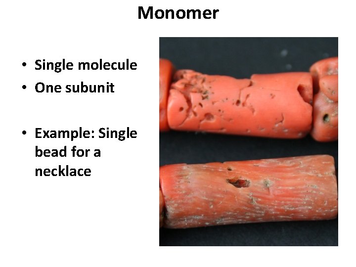 Monomer • Single molecule • One subunit • Example: Single bead for a necklace