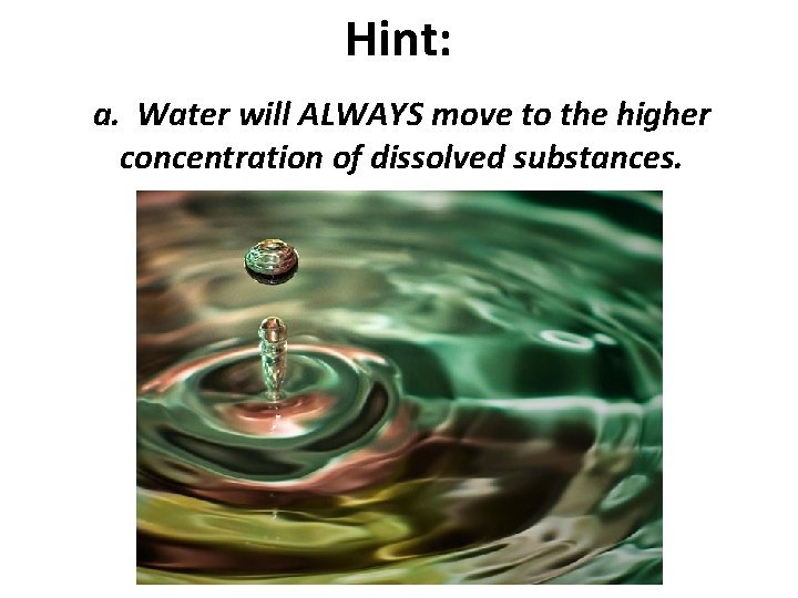 Hint: a. Water will ALWAYS move to the higher concentration of dissolved substances. 