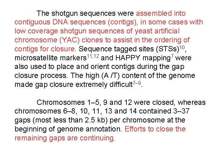 The shotgun sequences were assembled into contiguous DNA sequences (contigs), in some cases with