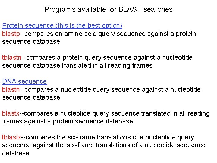 Programs available for BLAST searches Protein sequence (this is the best option) blastp--compares an