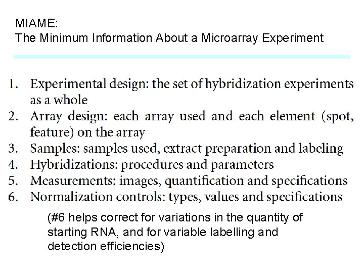 MIAME: The Minimum Information About a Microarray Experiment (#6 helps correct for variations in