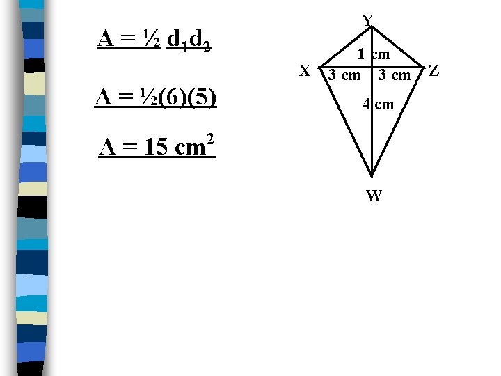 Y A = ½ d 1 d 2 X A = ½(6)(5) A = Y A = ½ d 1 d 2 X A = ½(6)(5) A =