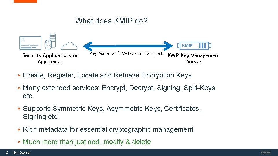 What does KMIP do? Security Applications or Appliances Key Material & Metadata Transport KMIP