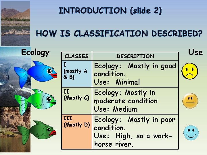 INTRODUCTION (slide 2) HOW IS CLASSIFICATION DESCRIBED? Ecology CLASSES DESCRIPTION I (mostly A &