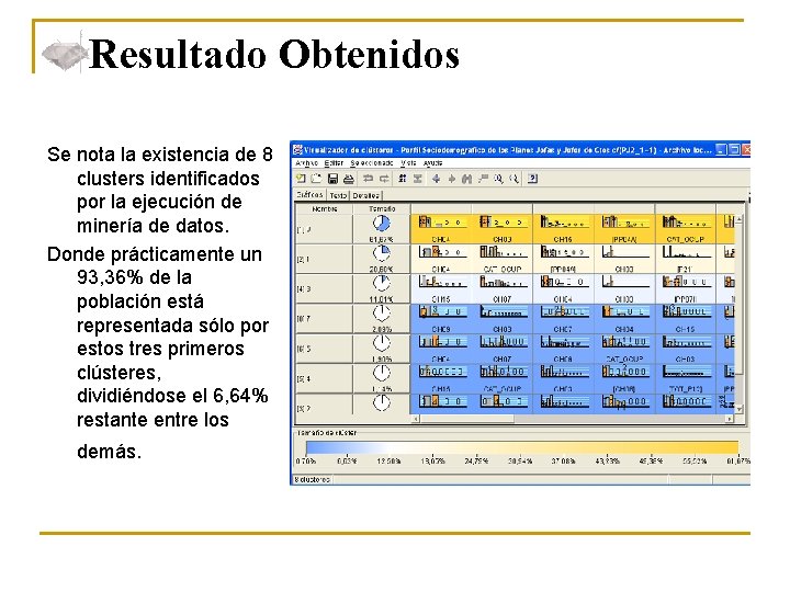 Resultado Obtenidos Se nota la existencia de 8 clusters identificados por la ejecución de