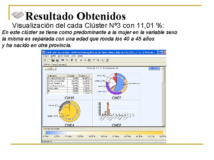 Resultado Obtenidos Visualización del cada Clúster Nº 3 con 11, 01 %: En este