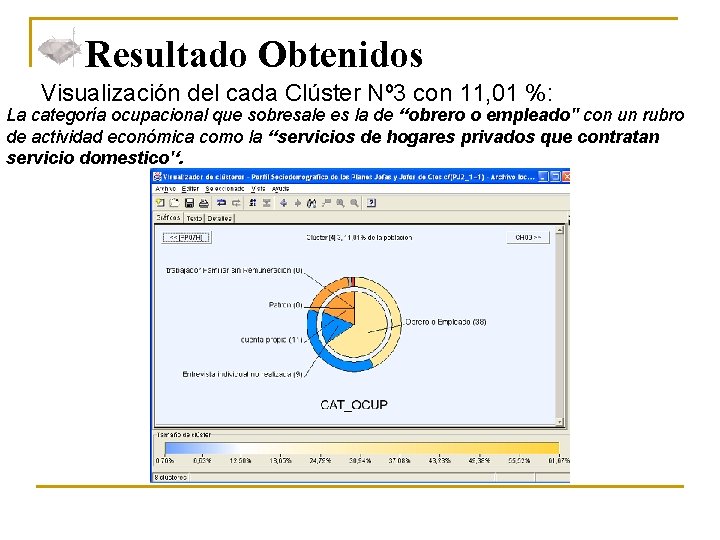 Resultado Obtenidos Visualización del cada Clúster Nº 3 con 11, 01 %: La categoría