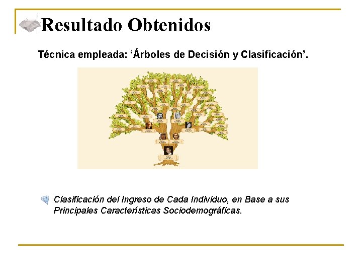 Resultado Obtenidos Técnica empleada: ‘Árboles de Decisión y Clasificación’. Clasificación del Ingreso de Cada