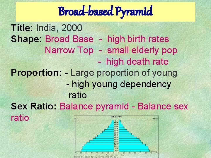 Broad-based Pyramid Title: India, 2000 Shape: Broad Base - high birth rates Narrow Top