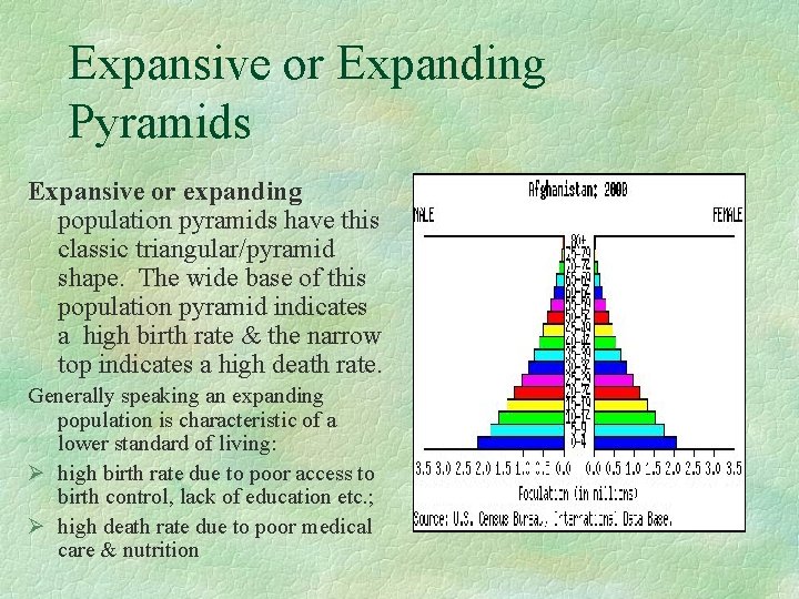 Expansive or Expanding Pyramids Expansive or expanding population pyramids have this classic triangular/pyramid shape.