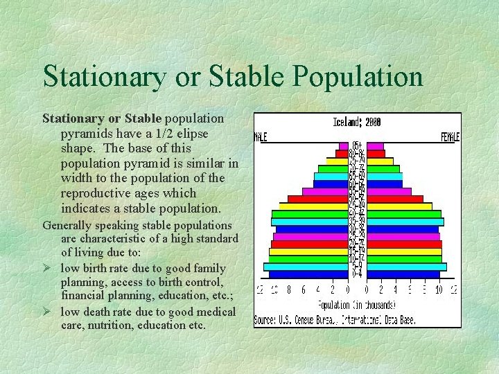 Stationary or Stable Population Stationary or Stable population pyramids have a 1/2 elipse shape.