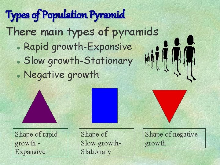 Types of Population Pyramid There main types of pyramids l l l Rapid growth-Expansive