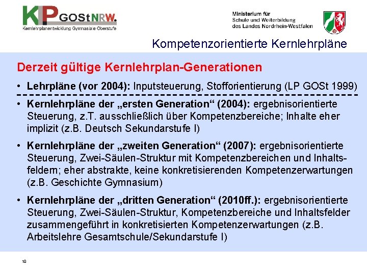 Kompetenzorientierte Kernlehrpläne Derzeit gültige Kernlehrplan-Generationen • Lehrpläne (vor 2004): Inputsteuerung, Stofforientierung (LP GOSt 1999)