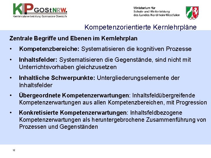 Kompetenzorientierte Kernlehrpläne Zentrale Begriffe und Ebenen im Kernlehrplan • Kompetenzbereiche: Systematisieren die kognitiven Prozesse