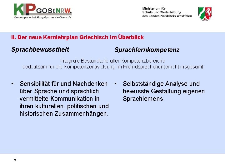 II. Der neue Kernlehrplan Griechisch im Überblick Sprachbewusstheit Sprachlernkompetenz integrale Bestandteile aller Kompetenzbereiche bedeutsam