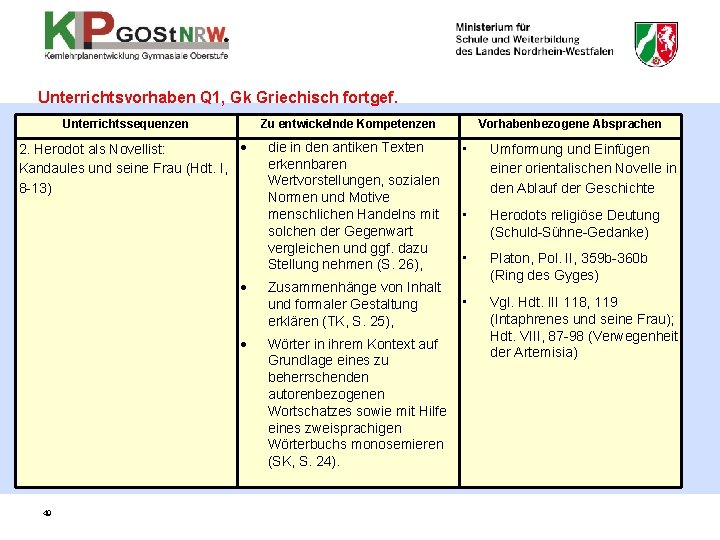 Unterrichtsvorhaben Q 1, Gk Griechisch fortgef. Unterrichtssequenzen Zu entwickelnde Kompetenzen 2. Herodot als Novellist: