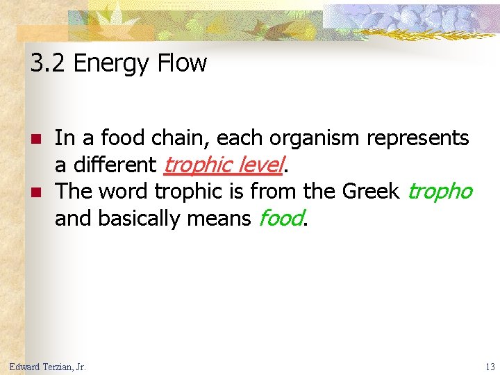 3. 2 Energy Flow n n In a food chain, each organism represents a