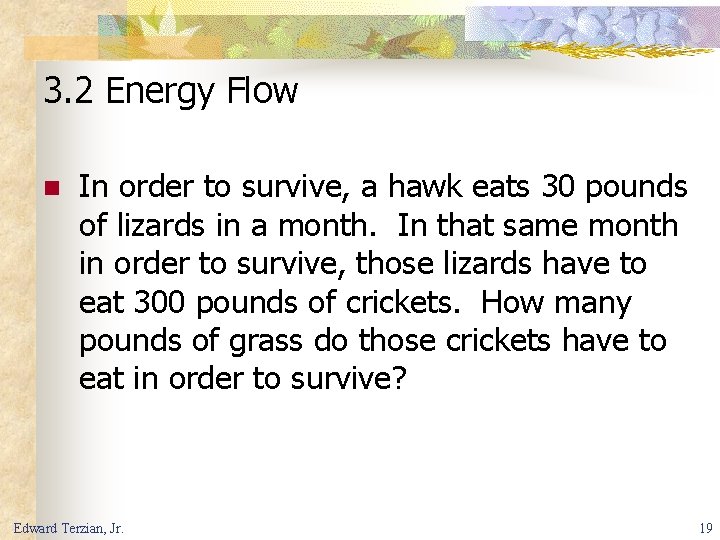 3. 2 Energy Flow n In order to survive, a hawk eats 30 pounds