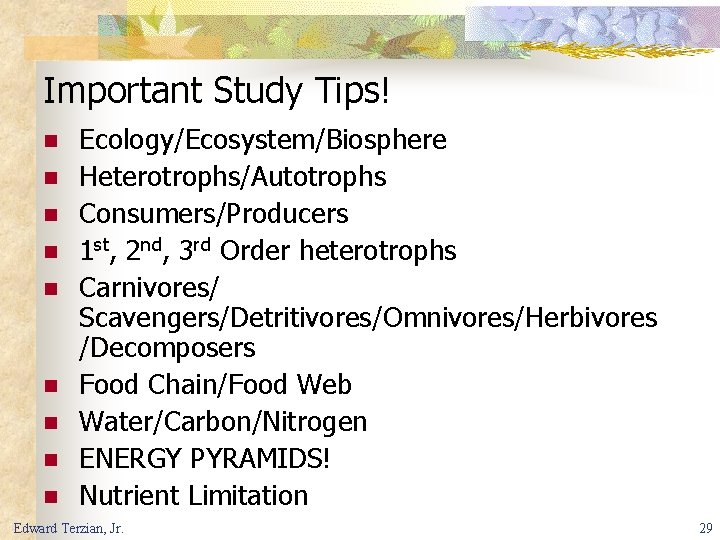 Important Study Tips! n n n n n Ecology/Ecosystem/Biosphere Heterotrophs/Autotrophs Consumers/Producers 1 st, 2