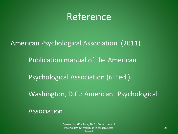 Reference American Psychological Association. (2011). Publication manual of the American Psychological Association (6 th