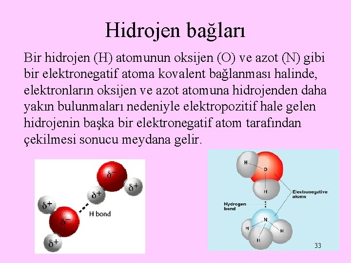 Hidrojen bağları Bir hidrojen (H) atomunun oksijen (O) ve azot (N) gibi bir elektronegatif