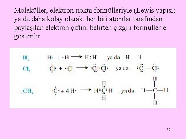 Moleküller, elektron-nokta formülleriyle (Lewis yapısı) ya da daha kolay olarak, her biri atomlar tarafından