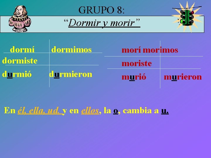 GRUPO 8: “Dormir y morir” dormí dormiste durmió dormimos durmieron morí morimos moriste murió