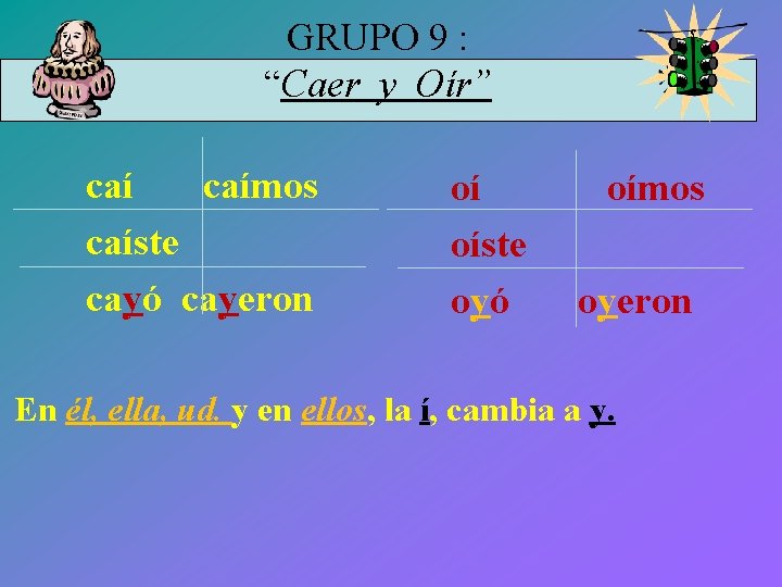 GRUPO 9 : “Caer y Oír” caímos caíste cayó cayeron oí oíste oyó oímos