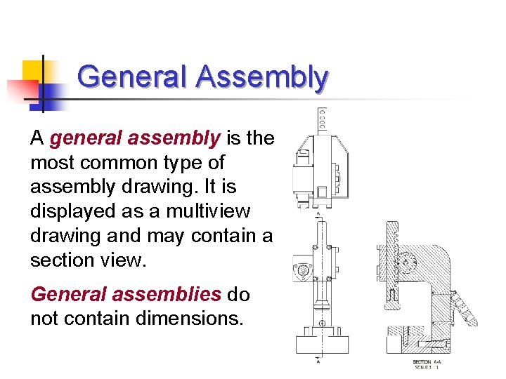 General Assembly A general assembly is the most common type of assembly drawing. It