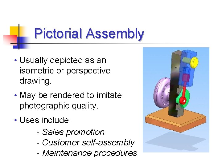 Pictorial Assembly • Usually depicted as an isometric or perspective drawing. • May be