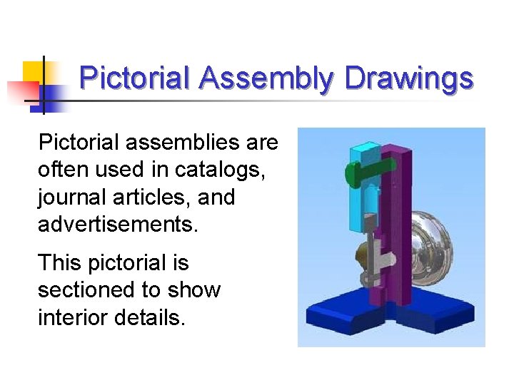 Pictorial Assembly Drawings Pictorial assemblies are often used in catalogs, journal articles, and advertisements.