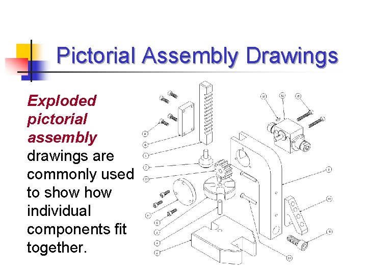 Pictorial Assembly Drawings Exploded pictorial assembly drawings are commonly used to show individual components
