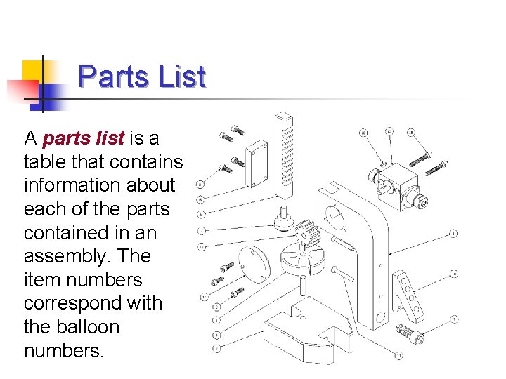 Parts List A parts list is a table that contains information about each of