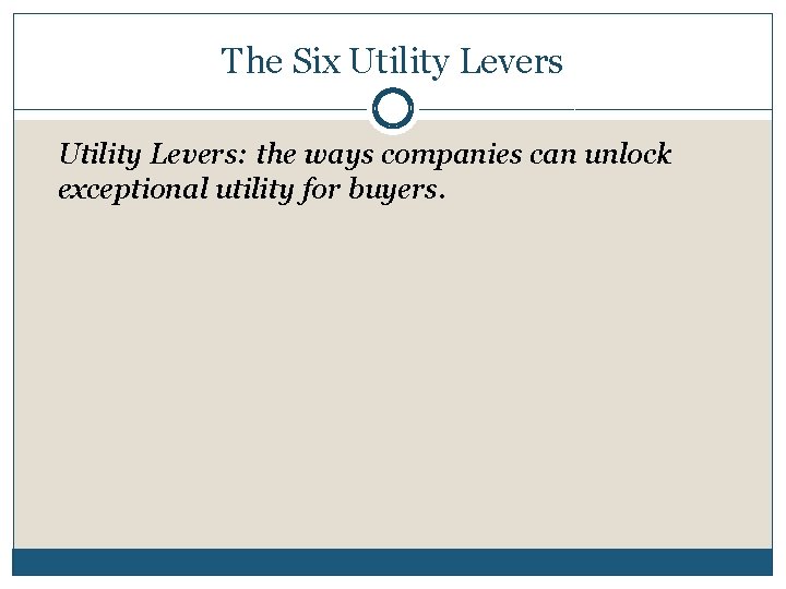 The Six Utility Levers: the ways companies can unlock exceptional utility for buyers. The Six Utility Levers: the ways companies can unlock exceptional utility for buyers.