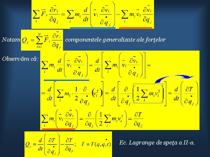 Notam componentele generalizate ale forţelor Observăm că: Ec. Lagrange de speţa a II-a. 