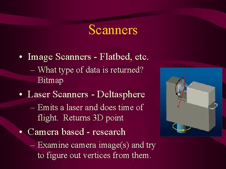 Scanners • Image Scanners - Flatbed, etc. – What type of data is returned? Scanners • Image Scanners - Flatbed, etc. – What type of data is returned?