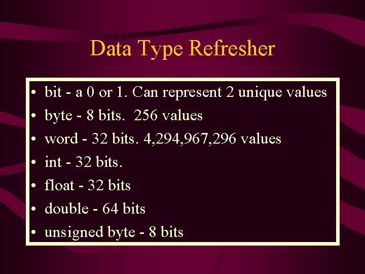 Data Type Refresher • • bit - a 0 or 1. Can represent 2 Data Type Refresher • • bit - a 0 or 1. Can represent 2