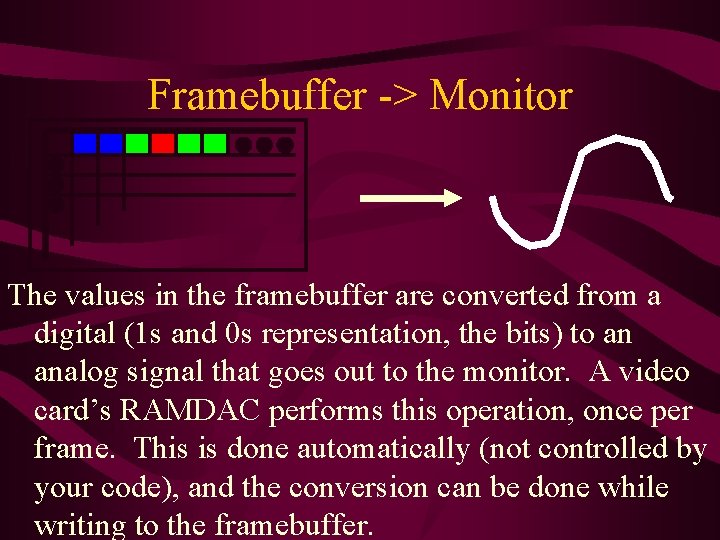 Framebuffer -> Monitor The values in the framebuffer are converted from a digital (1 Framebuffer -> Monitor The values in the framebuffer are converted from a digital (1