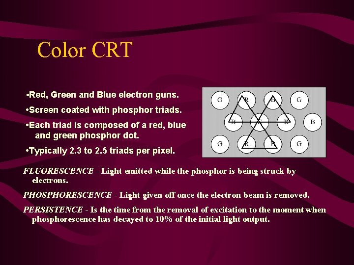Color CRT • Red, Green and Blue electron guns. • Screen coated with phosphor Color CRT • Red, Green and Blue electron guns. • Screen coated with phosphor
